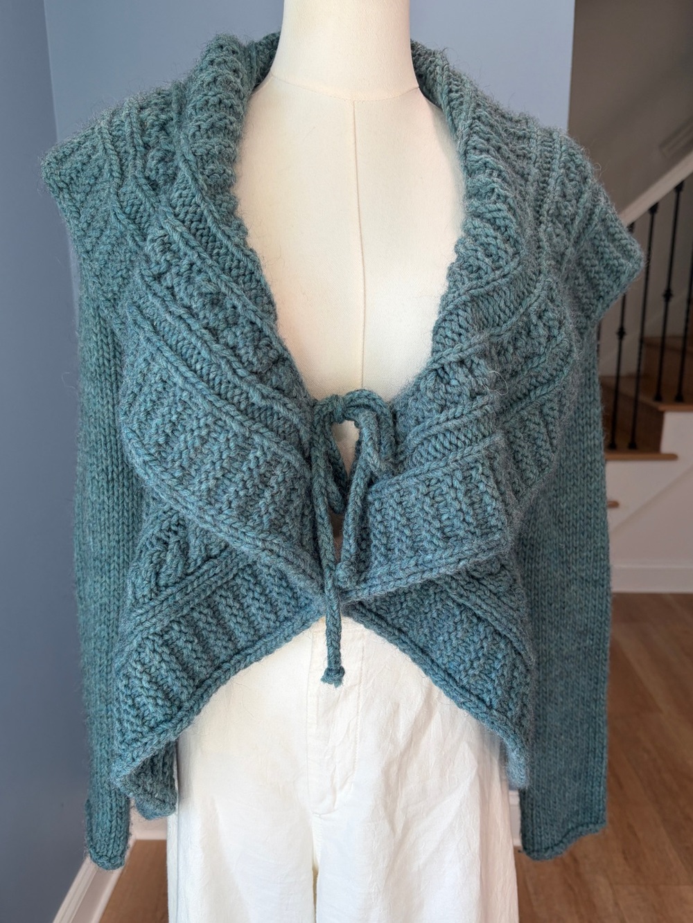 Elsamanda Italy Alpaca Wool Chunky Cable Knit Tie Front Cardigan Teal